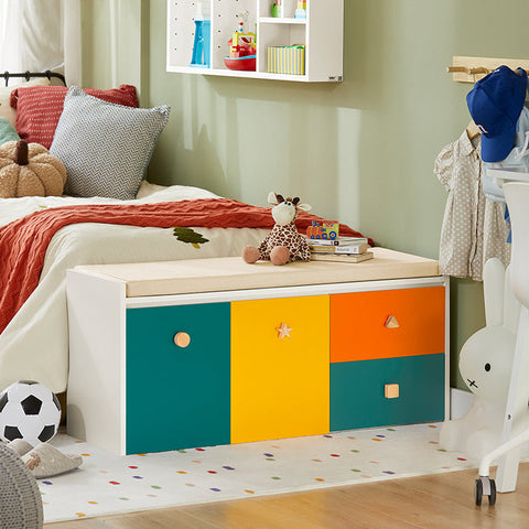 Rootz Toy Chest with Seat Cushion - Children's Bench - Storage Box with Wheels - MDF Construction - Easy Mobility - Versatile Storage - 100cm x 46cm x 37cm