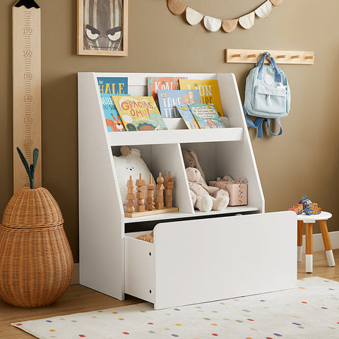 Rootz Mobiele kinderboekenplank met speelgoedkist - Opbergrek - Kinderorganizer - MDF-constructie - Veiligheidsmuurbevestiging - Eenvoudige montage - 76 cm x 100 cm x 40 cm