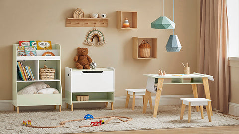 Rootz Kids Activity Table Set with 2 Stools - Study Desk - Craft Table - Space-Saving Design - Durable MDF & Pine Construction - Includes Paper Roll Holder - 80cm x 50cm x 48cm