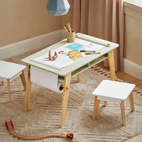 Rootz Kids Activity Table Set with 2 Stools - Study Desk - Craft Table - Space-Saving Design - Durable MDF & Pine Construction - Includes Paper Roll Holder - 80cm x 50cm x 48cm