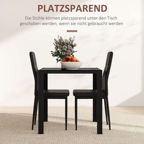 Rootz Dining Table Set with 2 Upholstered Black Chairs - Dining Room Seating - Space-Saving - Ergonomic Comfort - 75L x 50.5W x 75H cm
