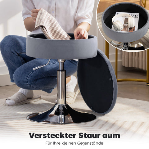Rootz Bar Stool - Bistro Stool - Swivel Bar Chair - Adjustable Height, Velvet Cover, Hidden Storage, 39x39x49-65 cm, Grey, Ultimate Comfort