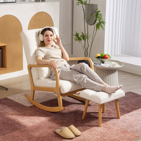 Rootz Rocking Chair with Foot Stool - Glider Chair - Recliner Chair - High Backrest - Wooden Legs - 58Bx56Tx45H cm
