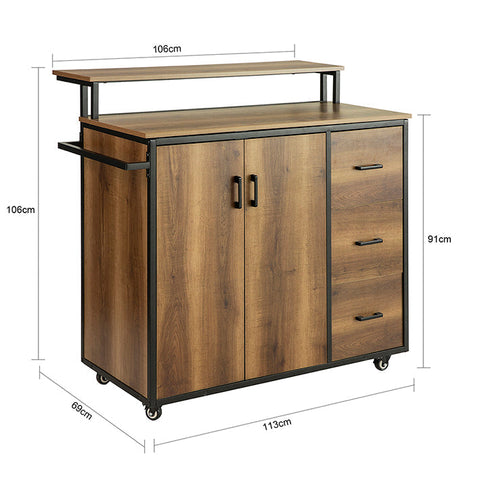 Rootz Kitchen Trolley with Worktop - Kitchen Island - Mobile Kitchen Cabinet - Adjustable Shelves - Versatile Storage - Durable PB(E1) and Metal - 113cm x 106cm x 69cm