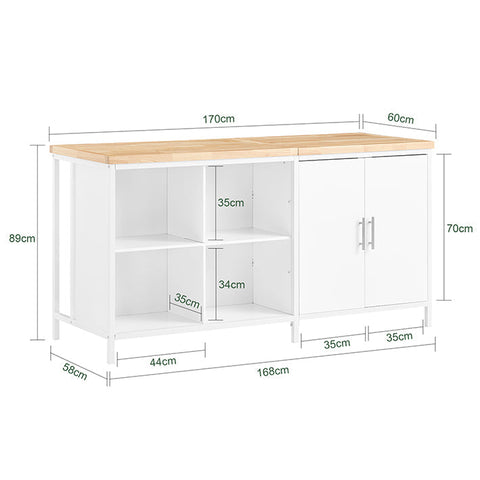 Rootz Kitchen Island Storage Cabinet - Dining Buffet - Display Stand - MDF - Metal Frame - Rubberwood Table Top - 170cm x 89cm x 60cm