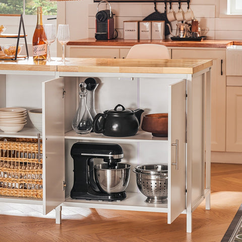 Rootz Kitchen Island Storage Cabinet - Dining Buffet - Display Stand - MDF - Metal Frame - Rubberwood Table Top - 170cm x 89cm x 60cm