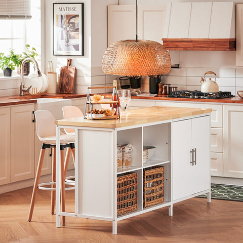 Rootz Kitchen Island Storage Cabinet - Dining Buffet - Display Stand - MDF - Metal Frame - Rubberwood Table Top - 170cm x 89cm x 60cm