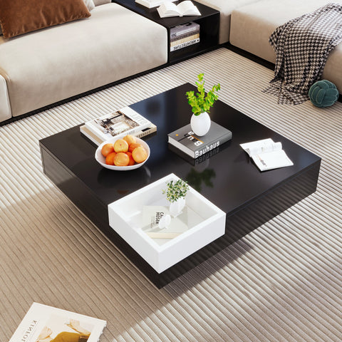Rootz Coffee Table - Living Room Table - High Gloss - Removable Storage - LED Light Effect - 72cm x 72cm x 30cm