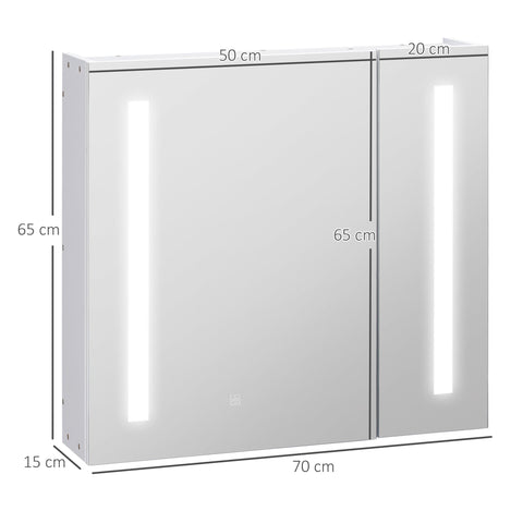 Rootz Wall-Mounted Bathroom Mirror Cabinet - LED Mirror - Vanity Storage - Adjustable Lighting - 70cm x 15cm x 65cm White