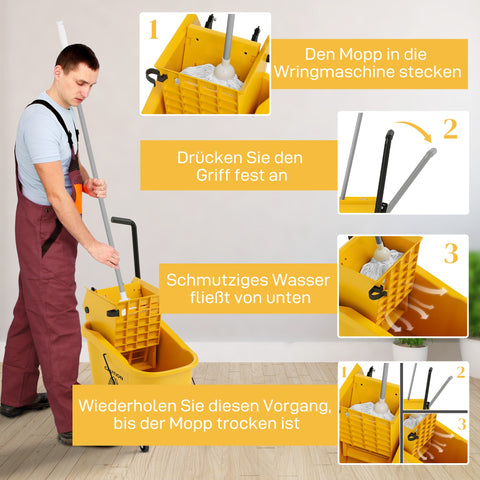 Rootz 36L Wheeled Cleaning Bucket - Mop Trolley - Mop Caddy - Quick Wring Efficiency - 55cm x 37cm x 65cm