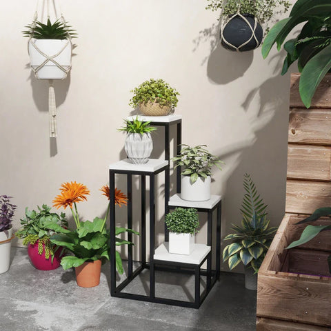 Rootz Flower Shelf - 4 Tier Plant Shelve - Flower Rack - Indoor & Outdoor - Metal Frame - Fir Wood - Black + White - 34L x 34W x 70H cm