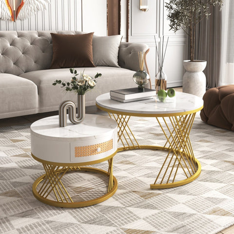 Rootz 2-in-1 Coffee Table Set - Elegant Marble Pattern - Space-Saving Table - MDF & Metal - 70x70x45.5cm & 50x50x38.5cm