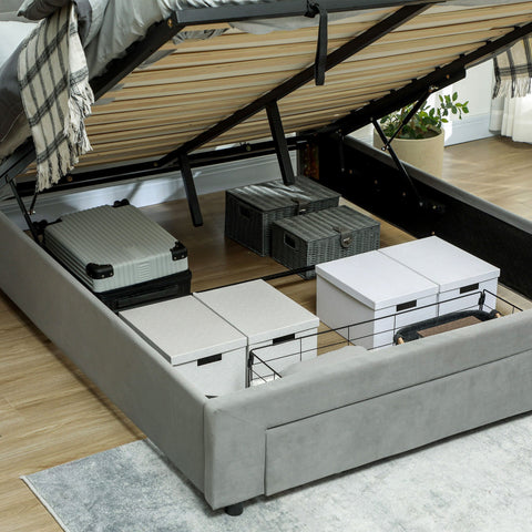 Rootz Double Bed Frame - Velvet Upholstered Bed - Adjustable Headboard - Storage Drawer - Hydraulic Slats - 145cm x 203.5cm x 95-104cm