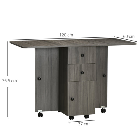 Rootz Folding Dining Table - Kitchen Table - Space-Saving - 2 Shelves & 2 Drawers - 120cm x 60cm x 76.5cm - Grey