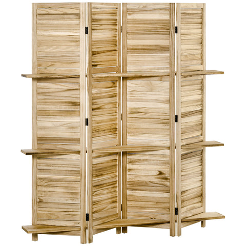 Rootz Room Divider 4 Panel Screen - Folding Room Partition - Privacy Screen - Paulownia Wood - 162x170cm with 3 Shelves
