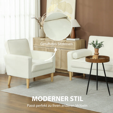 Rootz Upholstery Armchair - Lounge Chair - Velvet Recliner - Comfort Design - 76cm x 79cm x 82cm - White - Rubber Wood Legs