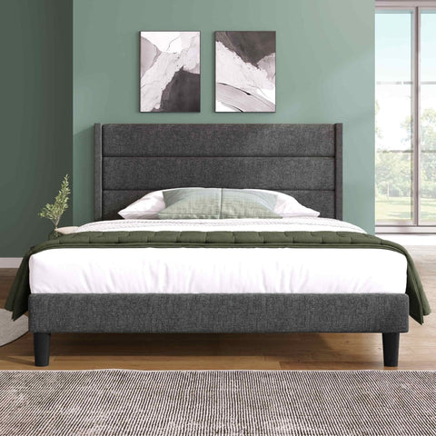 Rootz Double Bed with Padded Headboard - Fabric Cover - Upholstered Bed - Comfort - 146L x 210W x 111H cm - Dark Gray Design