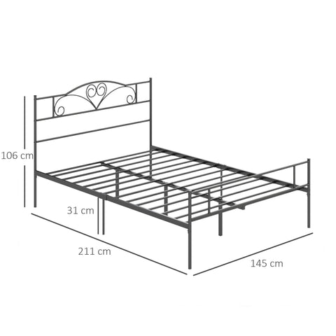 Rootz Metal Bed Frame with Headboard - Sturdy Double Bed - Steel Platform Bed - 300kg Capacity - Storage Space - 145 x 211 x 108 cm - Black