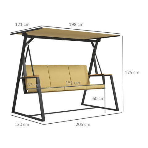 Rootz Hollywood Swing - Garden Swing - 3 Seater Swing with Sun Canopy - Weatherproof - Beige + Black - 205W x 130D x 175H cm