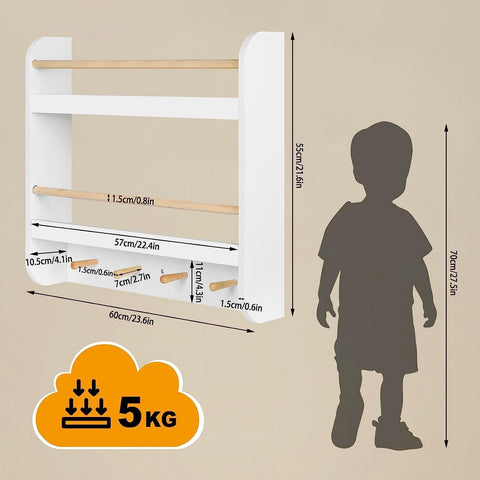 Rootz Children's Bookcase - Kids Bookshelf - Open Hanging Shelf - Storage Solution - MDF+ Pine Wood - 60cm x 55cm x 12cm
