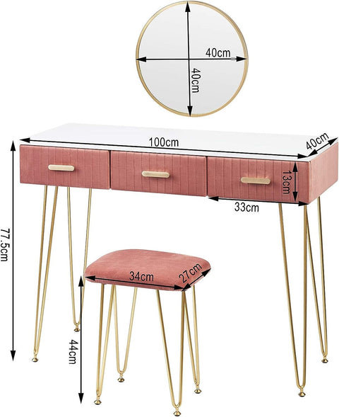 Rootz Elegant Dressing Table Set - Vanity Desk - Makeup Table - Ample Storage, Sturdy Build, Comfortable Stool - Grey/Pink - 100cm x 77.5cm x 40cm