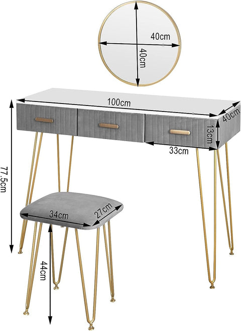 Rootz Elegant Dressing Table Set - Vanity Desk - Makeup Table - Ample Storage - Sturdy Build - Comfortable Stool - 100cm x 77.5cm x 40cm