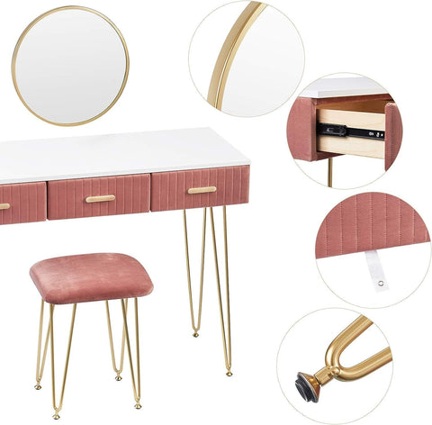 Rootz Elegant Dressing Table Set - Vanity Desk - Makeup Table - Ample Storage, Sturdy Build, Comfortable Stool - Grey/Pink - 100cm x 77.5cm x 40cm
