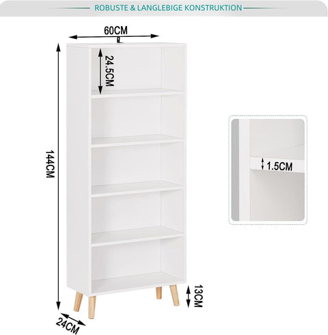 Rootz Modern 5-Compartment Bookcase - Freestanding Shelving Unit - Storage Organizer - Scratch-Resistant, Water-Repellent, Space-Saving - 60cm x 144cm x 24cm