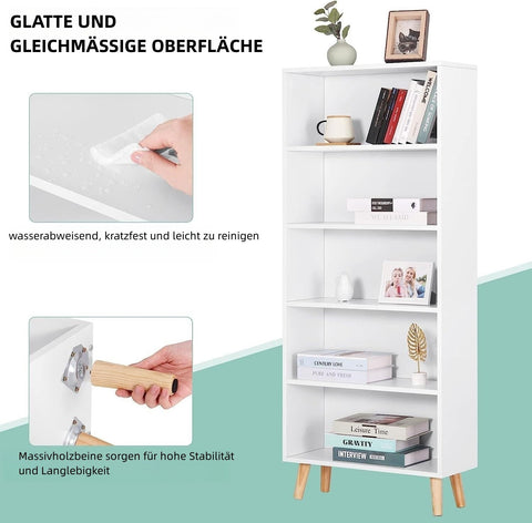 Rootz Modern 5-Compartment Bookcase - Freestanding Shelving Unit - Storage Organizer - Scratch-Resistant, Water-Repellent, Space-Saving - 60cm x 144cm x 24cm