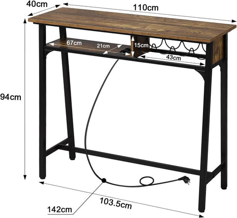 Rootz Multifunctional Bar Table - Charging Hub - Wine Storage - Durable, Space-Saving, Stylish - Metal & MDF - 110cm x 94cm x 40cm