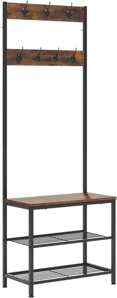Rootz Clothing Rack with Shoe Shelf - Wardrobe Organizer - Entryway Stand - Space-Saving - 60x170x31.5cm - Wood & Steel Rustic Brown