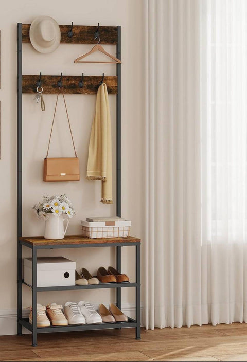 Rootz Clothing Rack with Shoe Shelf - Wardrobe Organizer - Entryway Stand - Space-Saving - 60x170x31.5cm - Wood & Steel Rustic Brown