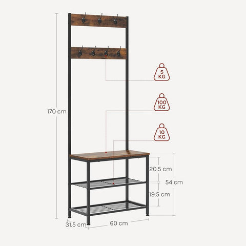 Rootz Clothing Rack with Shoe Shelf - Wardrobe Organizer - Entryway Stand - Space-Saving - 60x170x31.5cm - Wood & Steel Rustic Brown