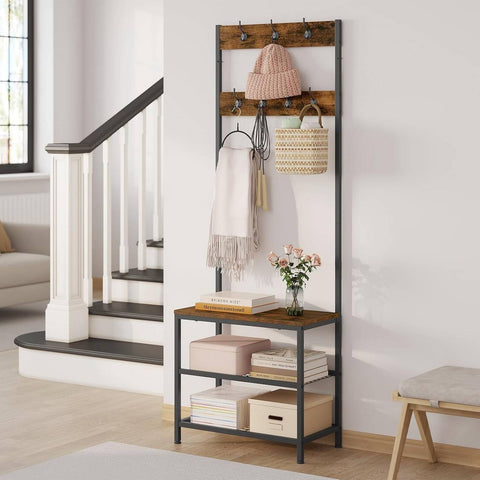 Rootz Clothing Rack with Shoe Shelf - Wardrobe Organizer - Entryway Stand - Space-Saving - 60x170x31.5cm - Wood & Steel Rustic Brown