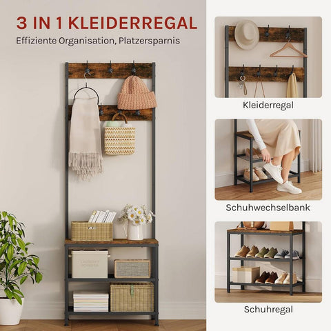 Rootz Clothing Rack with Shoe Shelf - Wardrobe Organizer - Entryway Stand - Space-Saving - 60x170x31.5cm - Wood & Steel Rustic Brown