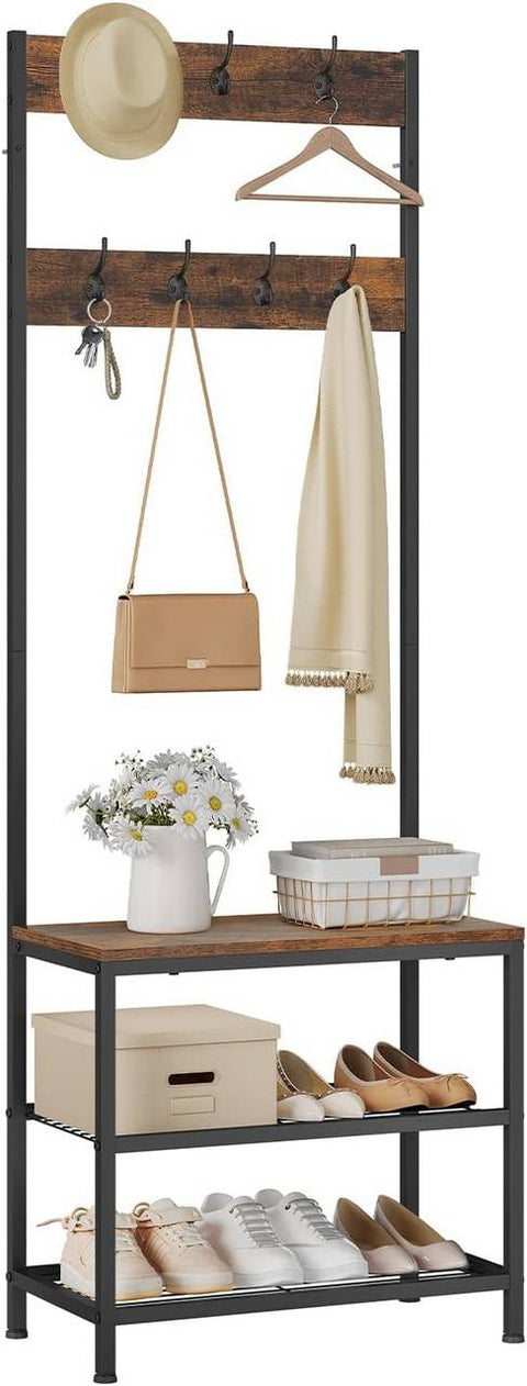 Rootz Clothing Rack with Shoe Shelf - Wardrobe Organizer - Entryway Stand - Space-Saving - 60x170x31.5cm - Wood & Steel Rustic Brown