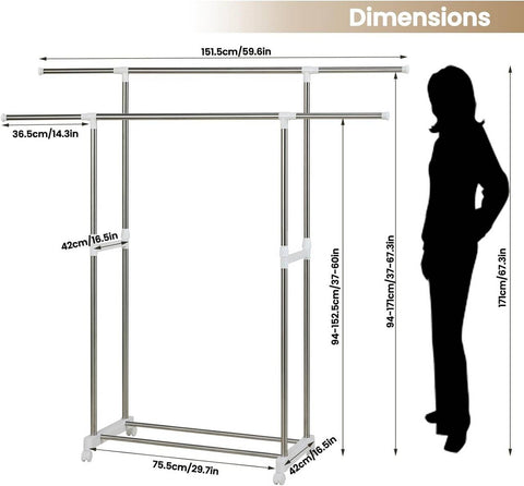 Rootz Extendable Clothes Rack - Adjustable Garment Rack - Rolling Coat Stand - Stainless Steel - Space Saving - 151.5cm x 171cm x 42cm