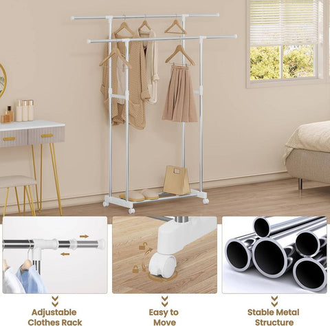 Rootz Extendable Clothes Rack - Adjustable Garment Rack - Rolling Coat Stand - Stainless Steel - Space Saving - 151.5cm x 171cm x 42cm