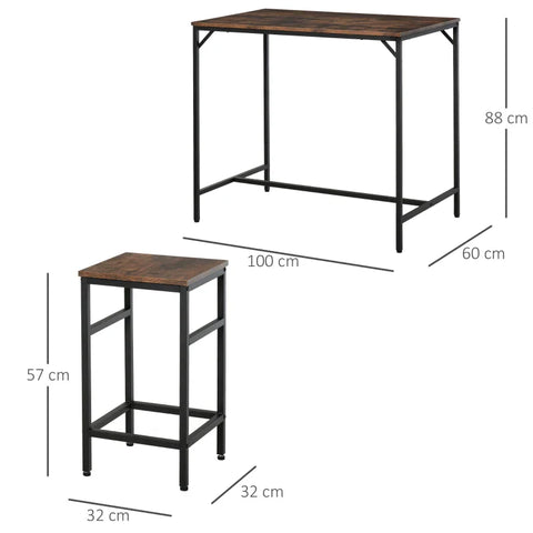 Rootz Bar Table Set - Bar Table With 4 Bar Stools - Kitchen Counter - Chipboard - Steel - Rustic Brown + Black - 100 x 60 x 88 cm