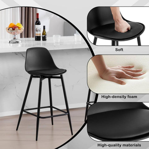 Rootz 4 Piece Bar Stool Set – Kitchen Stools – Bistro Chairs – Padded, Ergonomic, Footrest – Stylish & Sturdy – 43x86.5x42cm – Black, Metal Legs