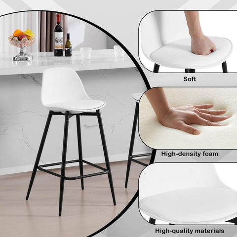 Rootz 2 Piece Bar Stool Set - Kitchen Stools - Breakfast Chairs - Ergonomic Comfort, Modern Design, 43 x 86.5 x 42 cm, White, Padded, Metal Legs