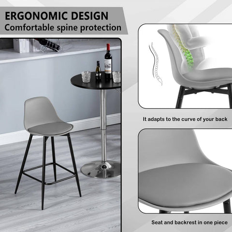Rootz Klihome Bar Stool Set of 4 - Kitchen Stool - Breakfast Chairs - Padded Comfort - Modern Style - 43x86.5x42cm - Grey, Metal Legs, Footrest