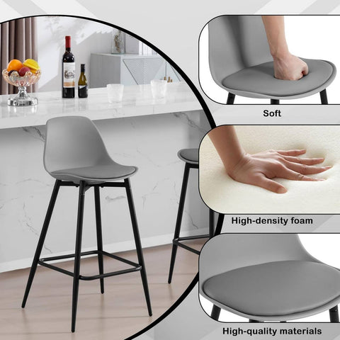 Rootz Klihome Bar Stool Set of 2 – Kitchen Stool – Breakfast Chair – Ergonomic Comfort – 43 x 86.5 x 42 cm – Grey – Padded Seat, Metal Legs, Footrest