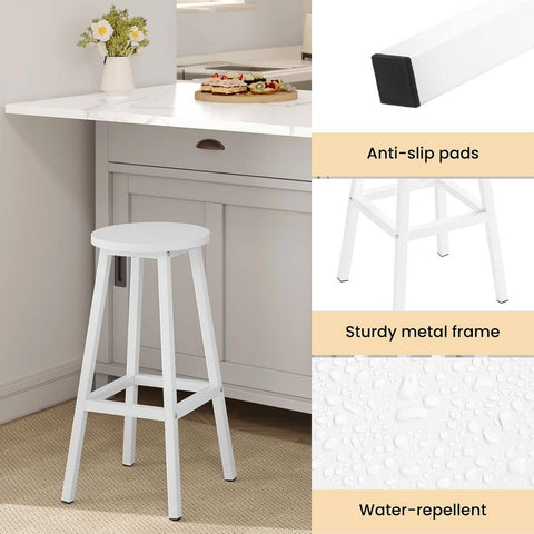 Rootz Klihome Round Bar Stools Set of 4 - Kitchen Stool - Dining Chair - Metal Frame, Footrest, 150kg Capacity - 30.5x64.5x30.5cm - White