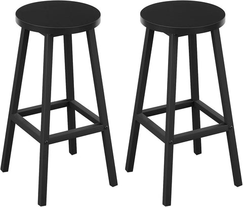 Rootz Set of 2 Round Bar Stools - Counter Chairs - Kitchen Stools - Metal Frame, Footrest, Stable, 30.5x64.5x30.5cm - Black