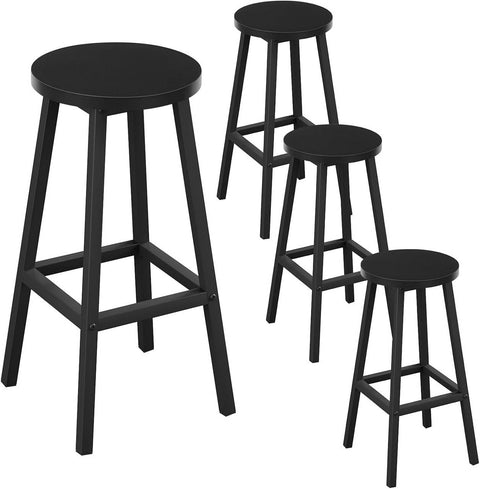 Rootz Round Bar Stools Set of 4 - Bar Chairs - Kitchen Island Stools - Metal Frame, Footrest - Space-Saving, Easy Clean - 30.5x64.5x30.5cm - Black