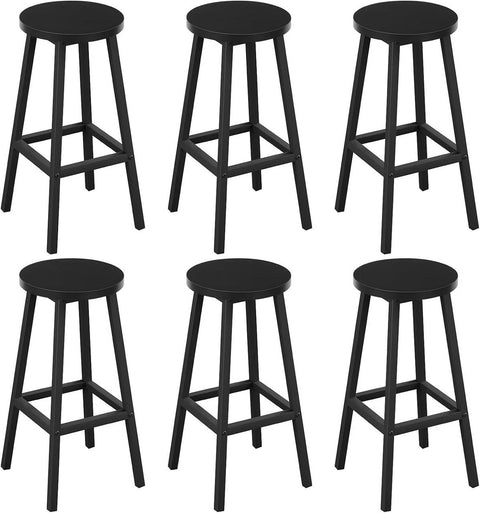 Rootz 6 Piece Set Round Bar Stools - Kitchen Island Stools - Bistro Chairs - Sturdy Metal Frame, Footrest, Easy-Clean - Black - 30.5x64.5x30.5cm