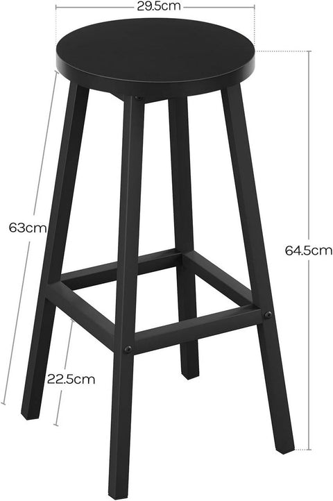 Rootz Set of 2 Round Bar Stools - Counter Chairs - Kitchen Stools - Metal Frame, Footrest, Stable, 30.5x64.5x30.5cm - Black