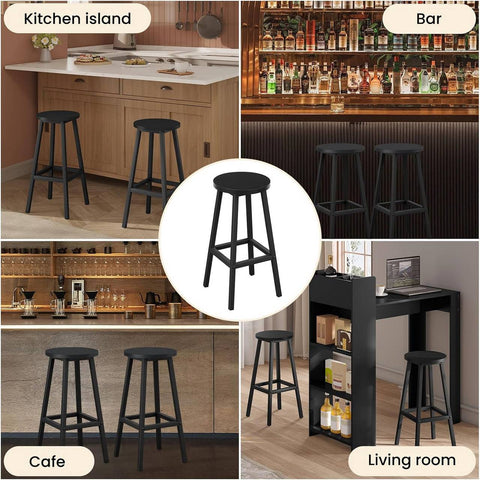 Rootz Set of 2 Round Bar Stools - Counter Chairs - Kitchen Stools - Metal Frame, Footrest, Stable, 30.5x64.5x30.5cm - Black