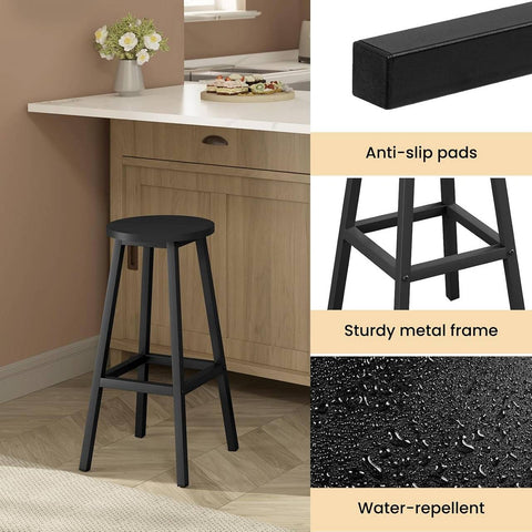 Rootz Round Bar Stools Set of 4 - Bar Chairs - Kitchen Island Stools - Metal Frame, Footrest - Space-Saving, Easy Clean - 30.5x64.5x30.5cm - Black